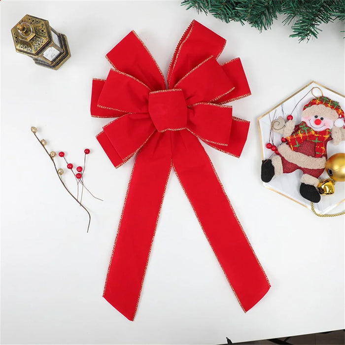 10-Loop Bow Large Velvet Christmas Bow with Glitter Gold Edge Xmas Tree Top Bow Front Door Decor - Red - 3