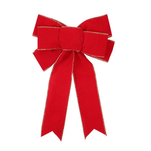 7-Loop Bow Velvet Christmas Bow with Glitter Gold Edge Xmas Tree Top Bow Front Door Decor - Red - 1