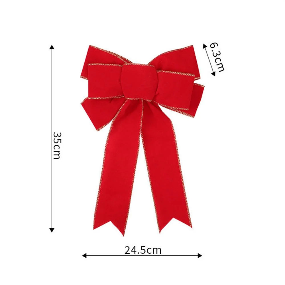 7-Loop Bow Velvet Christmas Bow with Glitter Gold Edge Xmas Tree Top Bow Front Door Decor - Red - 2