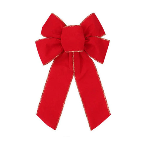 5-Loop Bow Velvet Christmas Bow with Glitter Gold Edge Xmas Tree Top Bow Front Door Decor - Red - 1