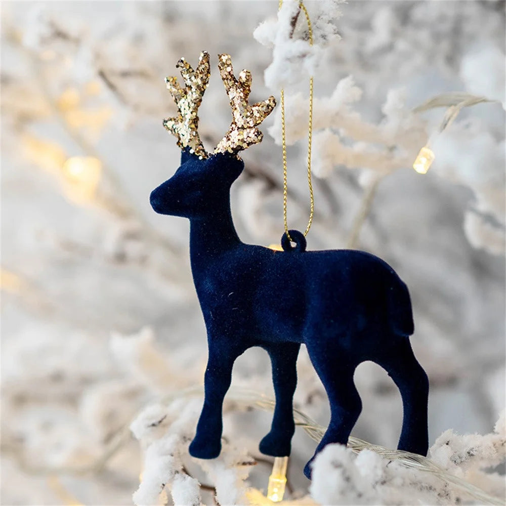 Christmas Reindeer Ornament Decoration Velvet Glitter Deer Hanging Ornament Photo Props Xmas Tree Decor - Midnight Blue - 2