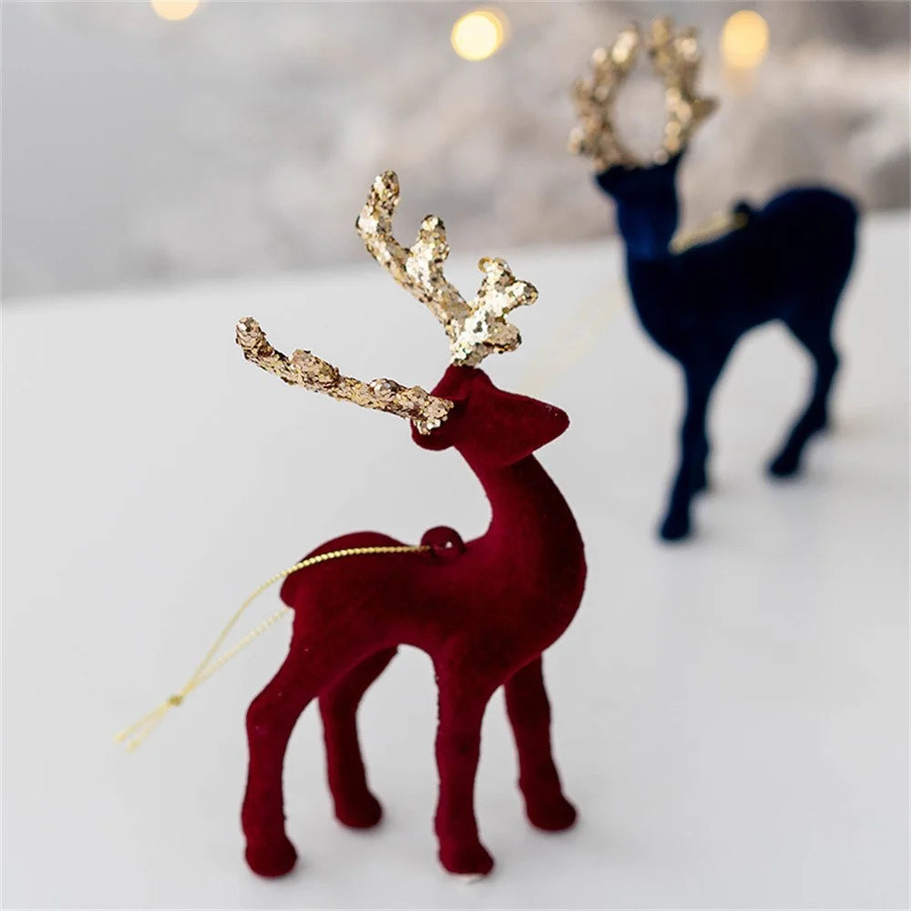Christmas Reindeer Ornament Decoration Velvet Glitter Deer Hanging Ornament Photo Props Xmas Tree Decor - Midnight Blue - 6