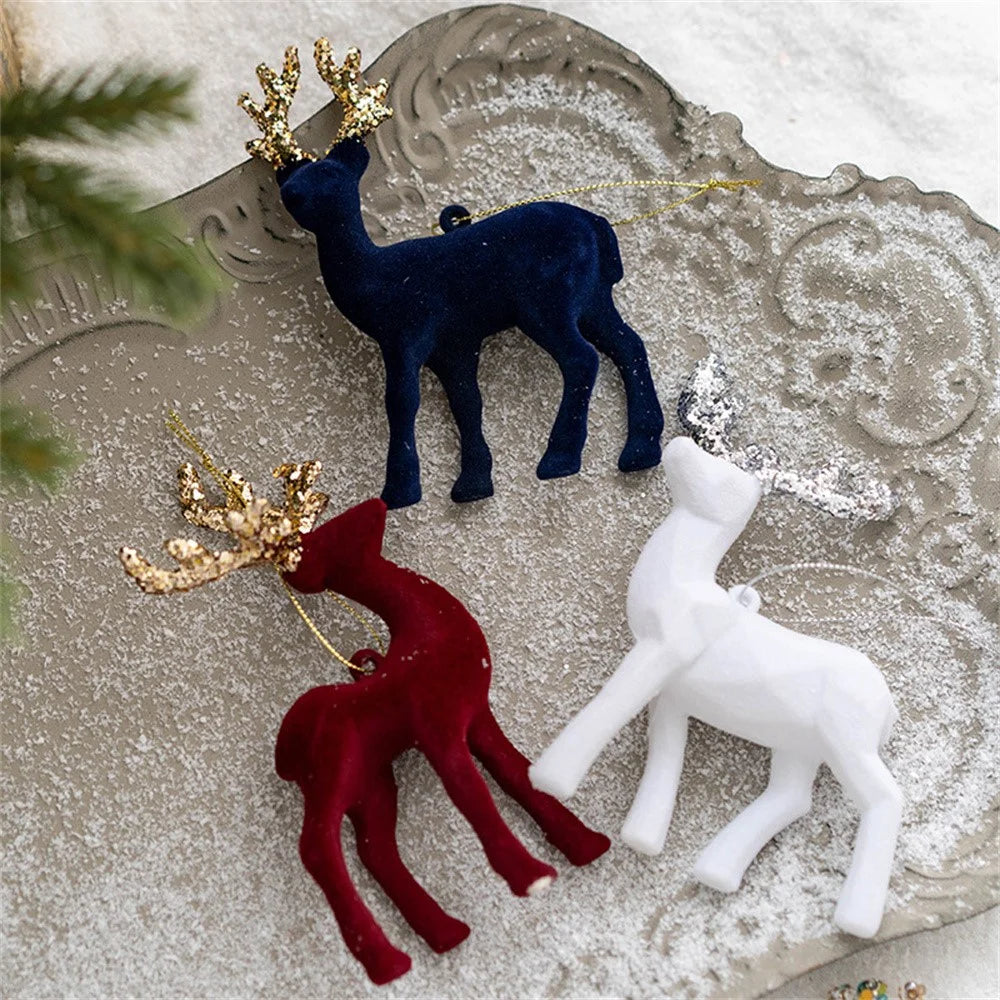 Christmas Reindeer Ornament Decoration Velvet Glitter Deer Hanging Ornament Photo Props Xmas Tree Decor - Midnight Blue - 7