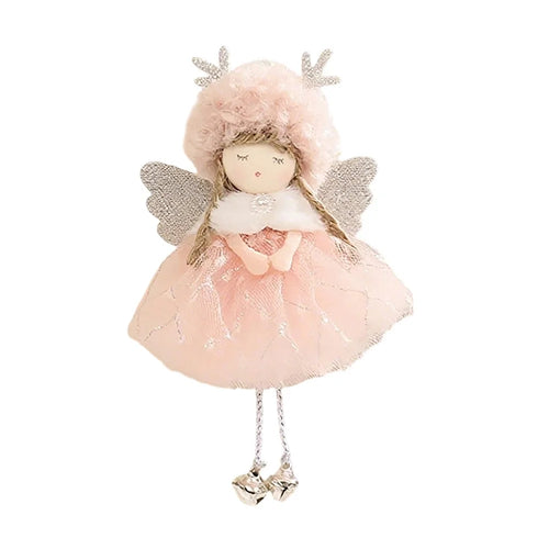 Christmas Antlers Angel Ornament Doll Plush Lamb Wool Lace Tutu Wings Hanging Decoration Tree Accessories - Pink - 1
