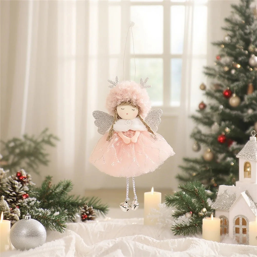 Christmas Antlers Angel Ornament Doll Plush Lamb Wool Lace Tutu Wings Hanging Decoration Tree Accessories - Pink - 2