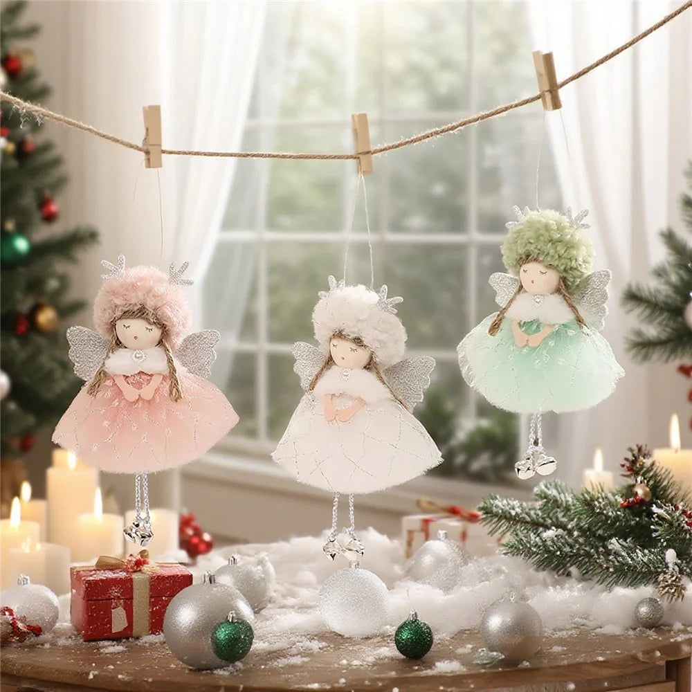 Christmas Antlers Angel Ornament Doll Plush Lamb Wool Lace Tutu Wings Hanging Decoration Tree Accessories - Pink - 3