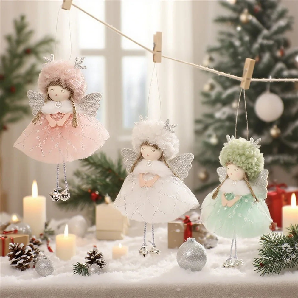 Christmas Antlers Angel Ornament Doll Plush Lamb Wool Lace Tutu Wings Hanging Decoration Tree Accessories - Pink - 4