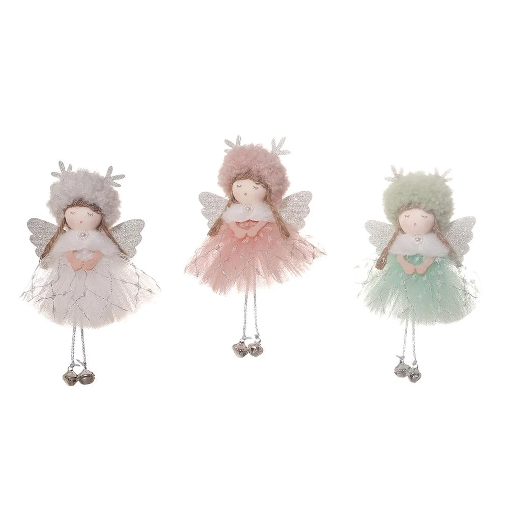 Christmas Antlers Angel Ornament Doll Plush Lamb Wool Lace Tutu Wings Hanging Decoration Tree Accessories - Pink - 5