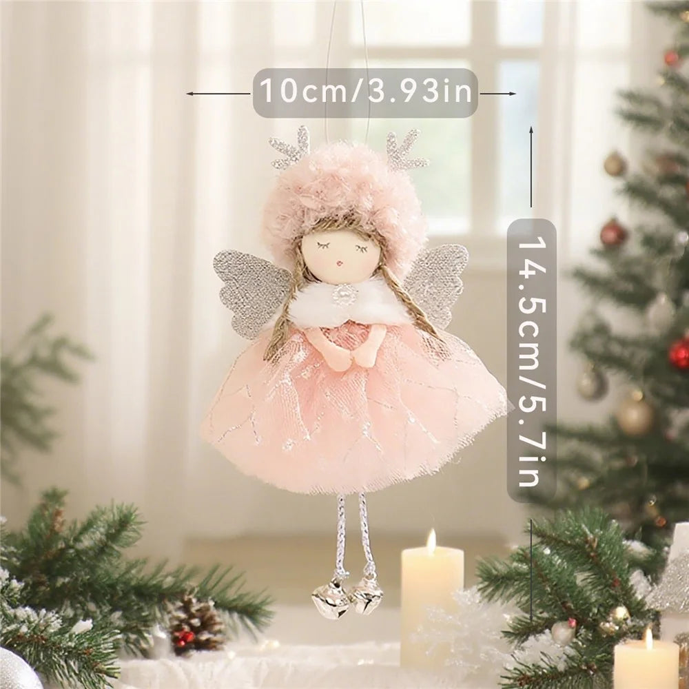 Christmas Antlers Angel Ornament Doll Plush Lamb Wool Lace Tutu Wings Hanging Decoration Tree Accessories - Pink - 6