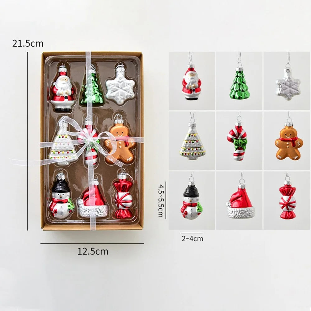 9Pcs Christmas Glass Ornaments Set Snowman Santa Claus Tree Hanging Decorations Xmas Gift Box Collection - Series A - 1