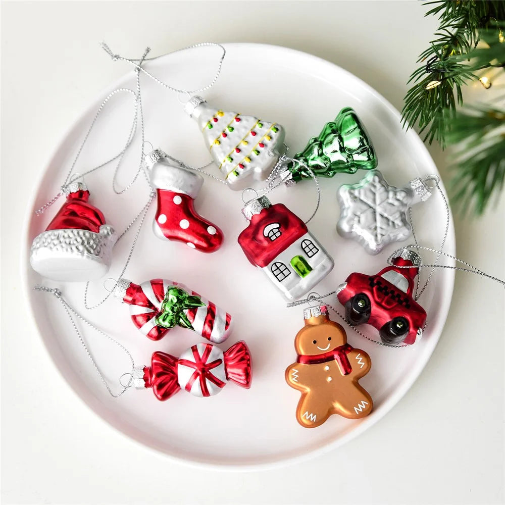 9Pcs Christmas Glass Ornaments Set Snowman Santa Claus Tree Hanging Decorations Xmas Gift Box Collection - Series A - 2