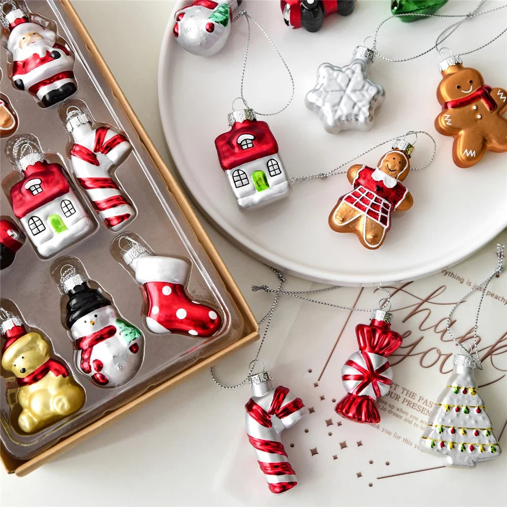 9Pcs Christmas Glass Ornaments Set Snowman Santa Claus Tree Hanging Decorations Xmas Gift Box Collection - Series A - 3
