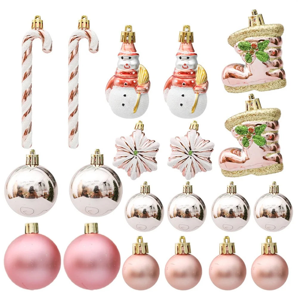 20Pcs Christmas Tree Ornaments Set Snowman Candy Cane Plastic Ball Xmas Tree Hanging Decorations - Rose Gold - 1