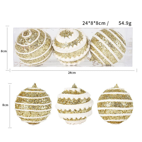 3Pcs 8cm Christmas Ball Set Ornaments Glitter Striped Layered Hanging Ball Xmas Tree Decorations - Gold - 1