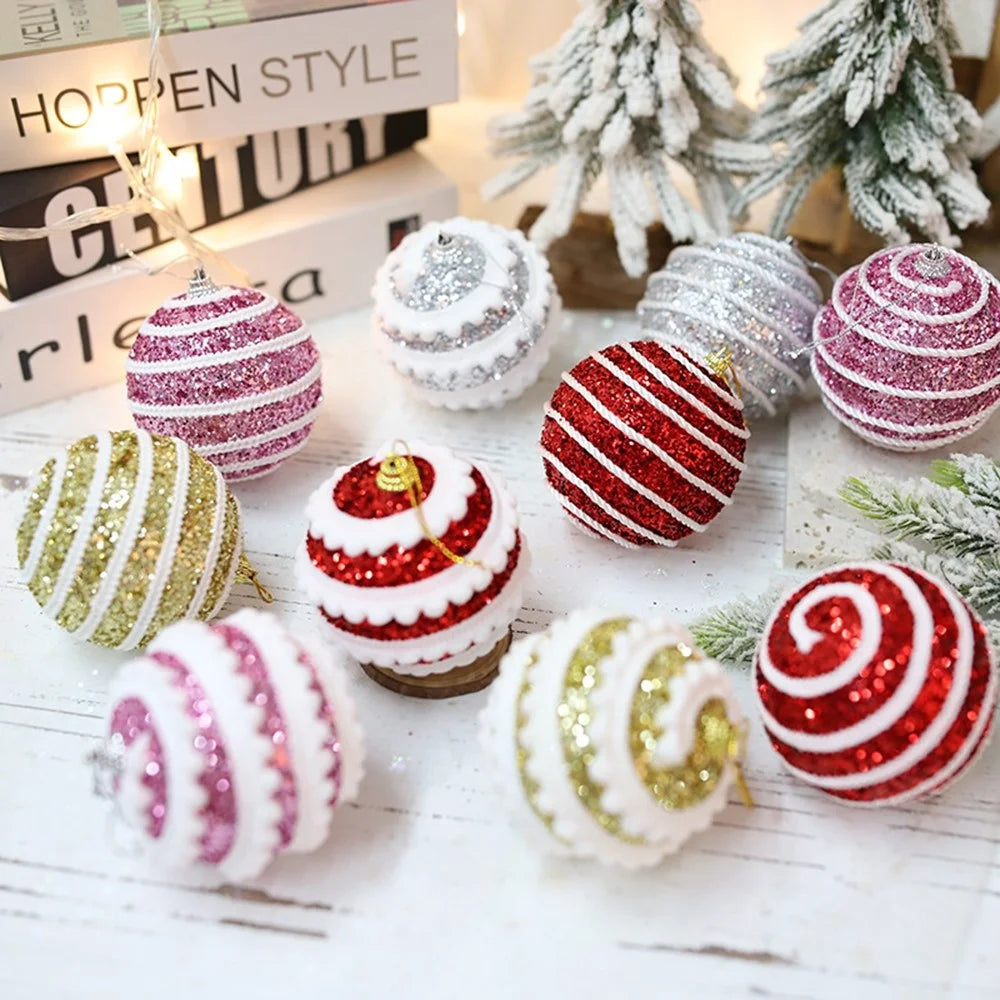 3Pcs 8cm Christmas Ball Set Ornaments Glitter Striped Layered Hanging Ball Xmas Tree Decorations - Gold - 2