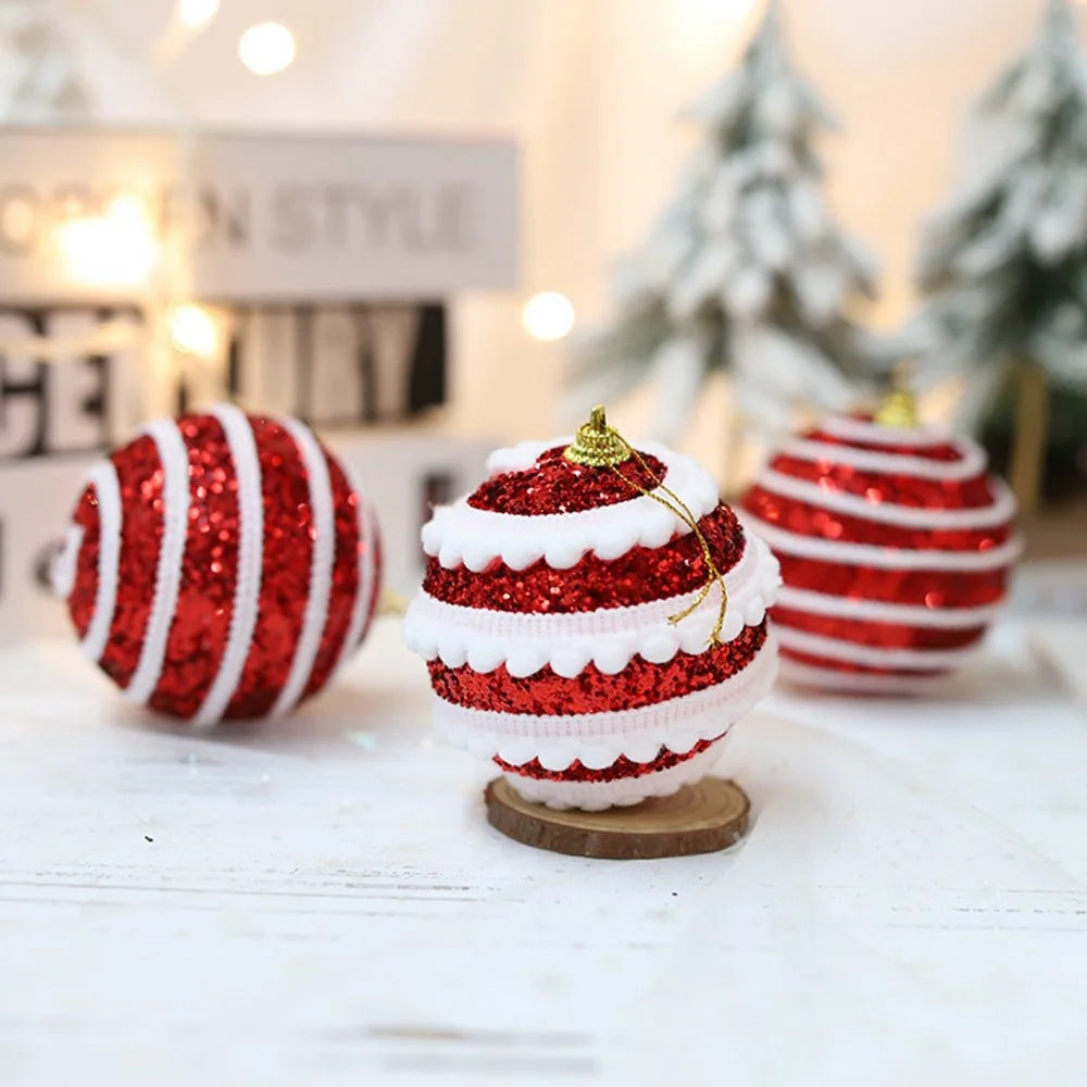 3Pcs 8cm Christmas Ball Set Ornaments Glitter Striped Layered Hanging Ball Xmas Tree Decorations - Gold - 3
