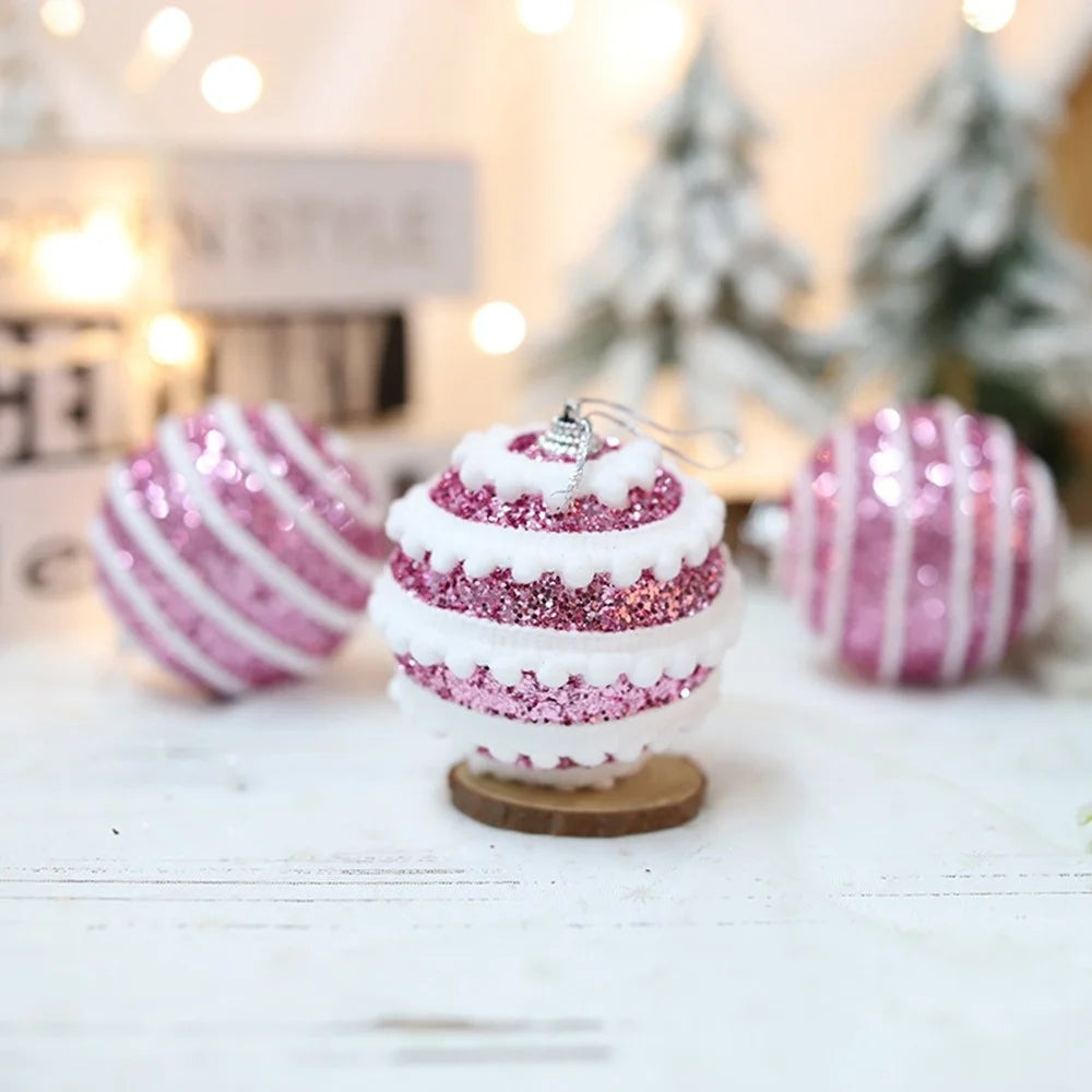 3Pcs 8cm Christmas Ball Set Ornaments Glitter Striped Layered Hanging Ball Xmas Tree Decorations - Gold - 4