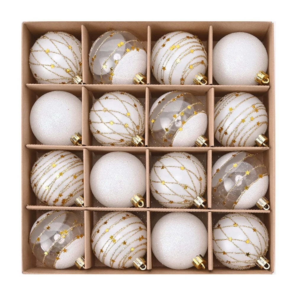 16Pcs 6cm Christmas Ball Ornaments Set Electroplated Golden Glitter Christmas Tree Decorations Hanging Baubles - White - 1