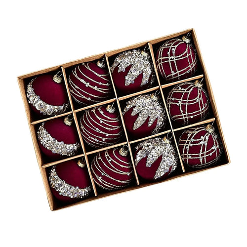 12Pcs / Set 6cm Christmas Ball Ornaments Flocked Surface Xmas Tree Hanging Decorations Party Supplies - Red - 1