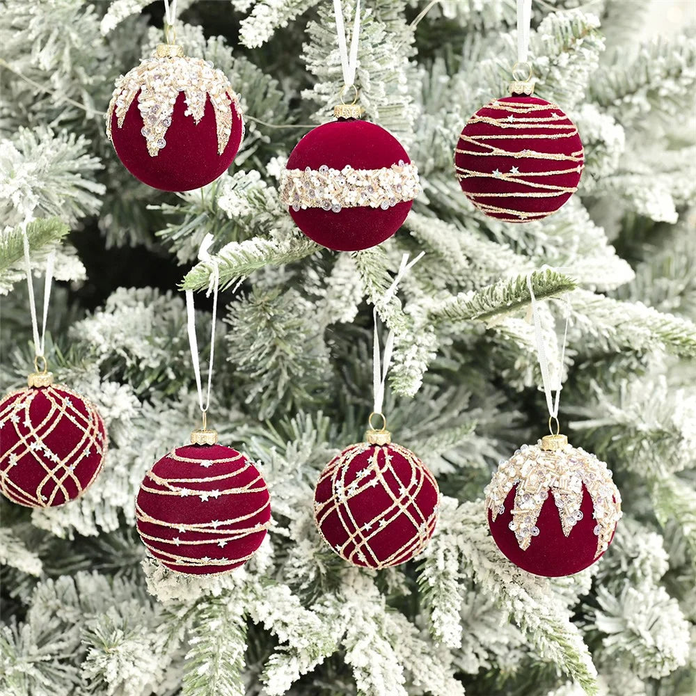 12Pcs / Set 6cm Christmas Ball Ornaments Flocked Surface Xmas Tree Hanging Decorations Party Supplies - Red - 2