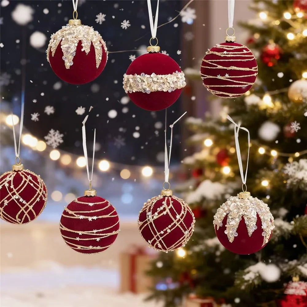 12Pcs / Set 6cm Christmas Ball Ornaments Flocked Surface Xmas Tree Hanging Decorations Party Supplies - Red - 3