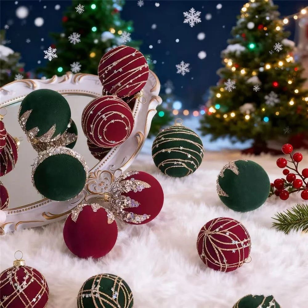 12Pcs / Set 6cm Christmas Ball Ornaments Flocked Surface Xmas Tree Hanging Decorations Party Supplies - Red - 5