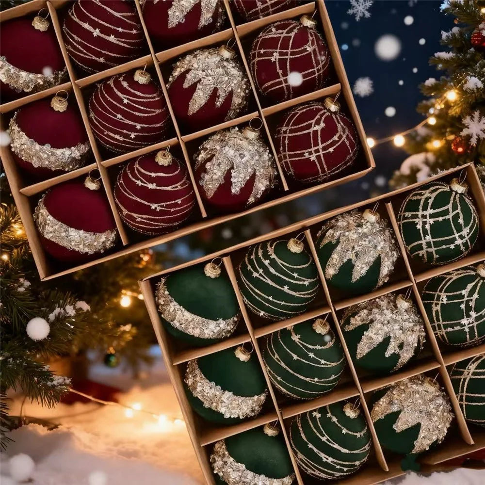 12Pcs / Set 6cm Christmas Ball Ornaments Flocked Surface Xmas Tree Hanging Decorations Party Supplies - Red - 6