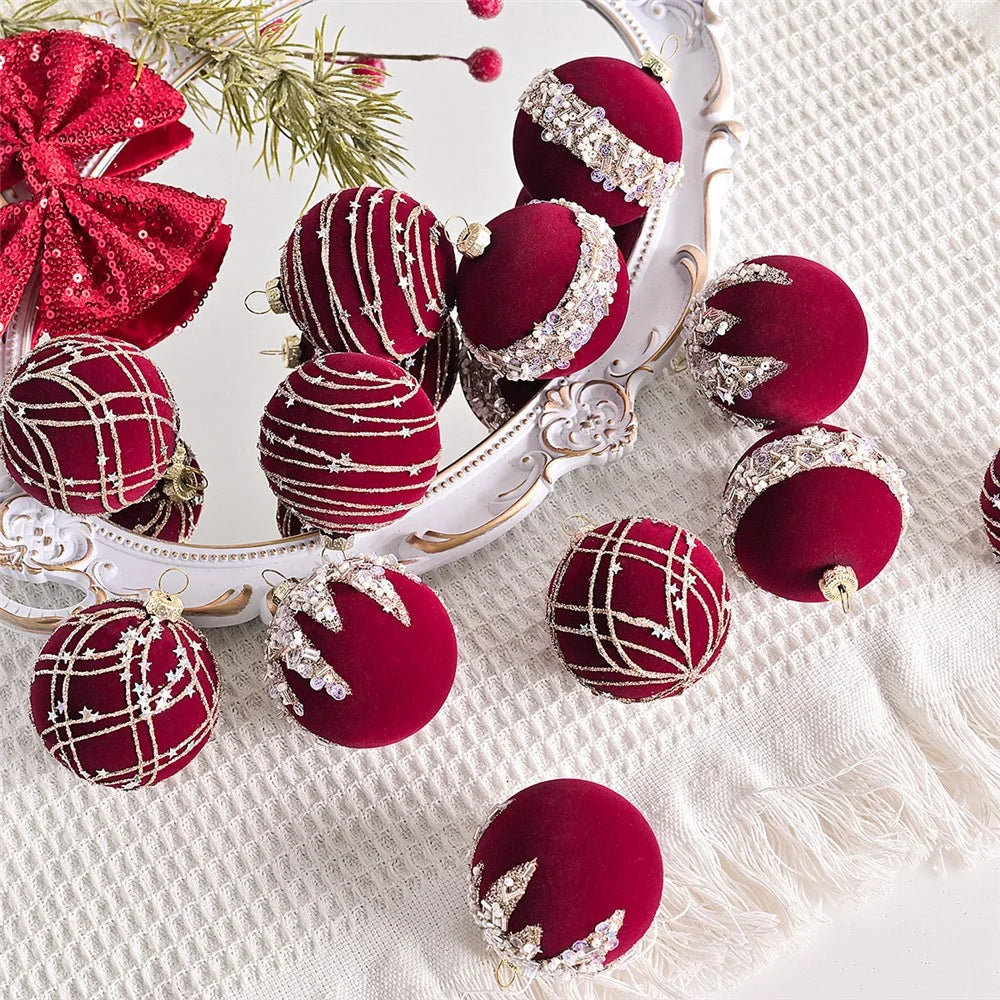 12Pcs / Set 6cm Christmas Ball Ornaments Flocked Surface Xmas Tree Hanging Decorations Party Supplies - Red - 7