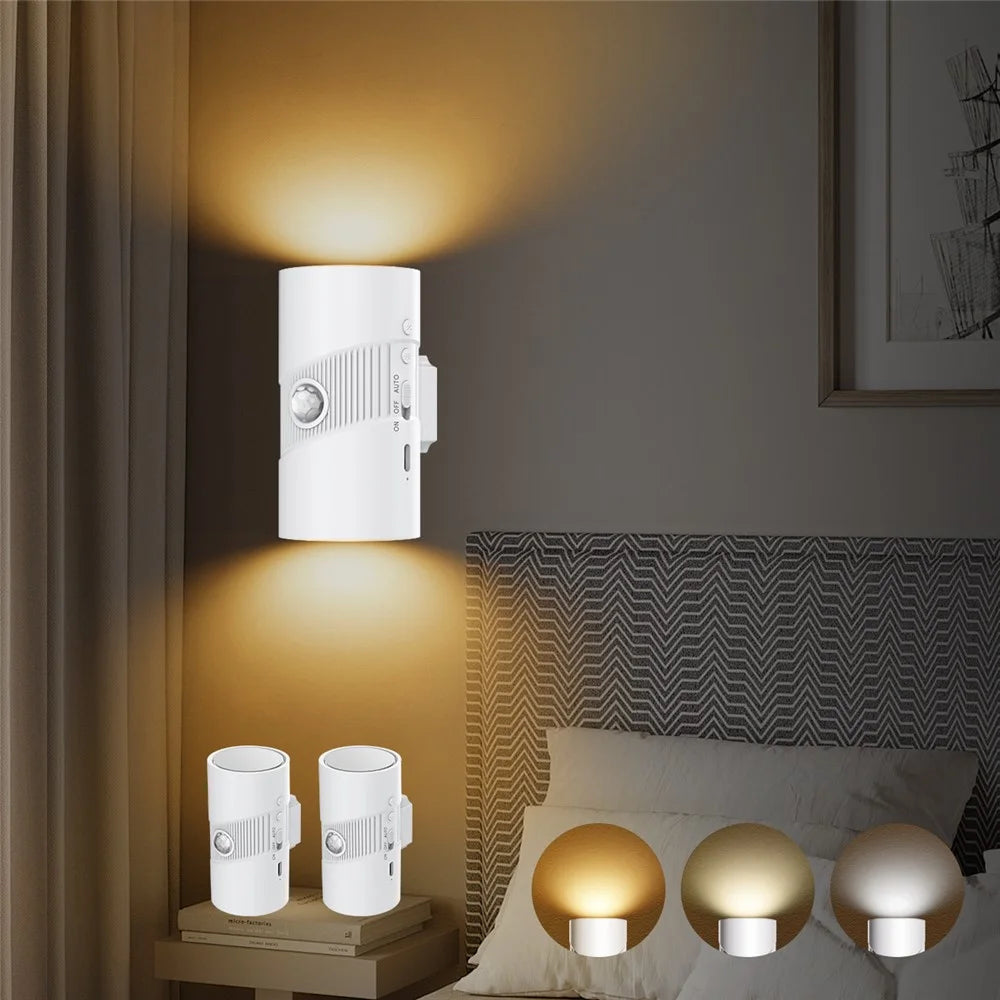 YSJ-008 2Pcs Motion Sensor LED Night Light Magnetic Wall Lamp Dimmable 3 Color Temperature Dual Direction Light - White - 1