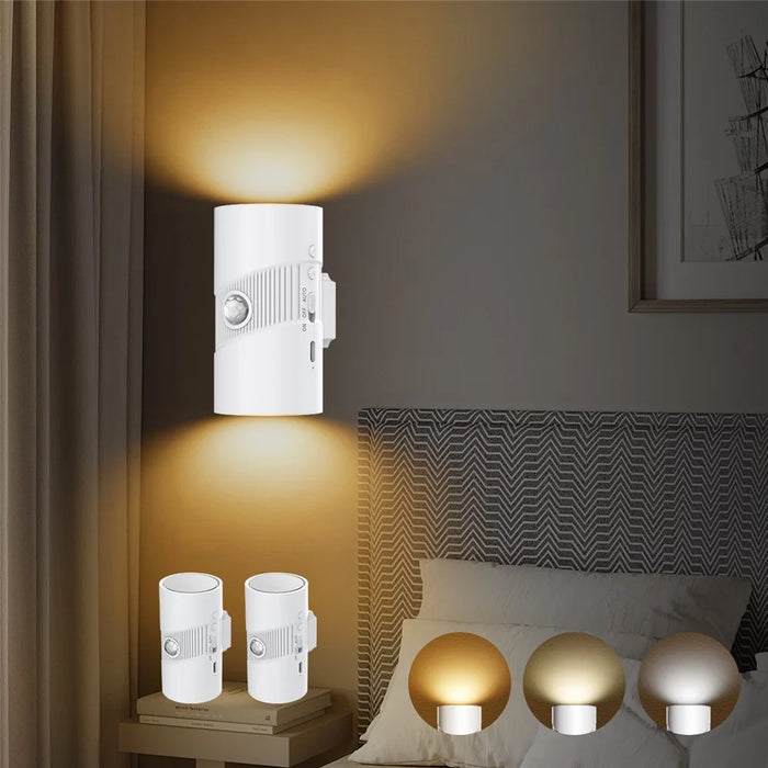 YSJ-008 2Pcs Motion Sensor LED Night Light Magnetic Wall Lamp Dimmable 3 Color Temperature Dual Direction Light - White - 1