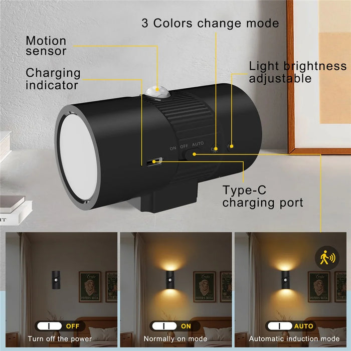 YSJ-008 2Pcs Motion Sensor LED Night Light Magnetic Wall Lamp Dimmable 3 Color Temperature Dual Direction Light - White - 4