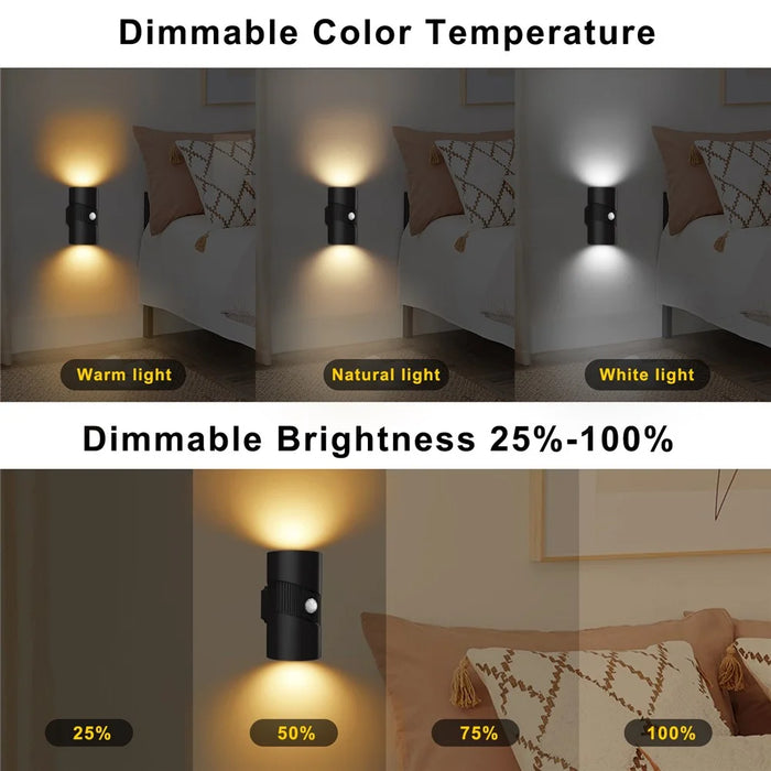 YSJ-008 2Pcs Motion Sensor LED Night Light Magnetic Wall Lamp Dimmable 3 Color Temperature Dual Direction Light - White - 5