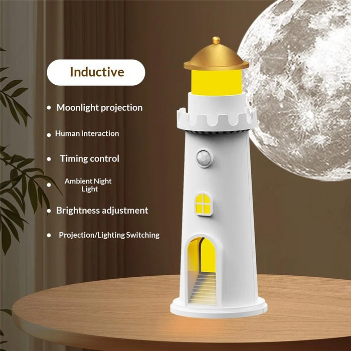 YSJ-016 Smart Motion Sensor Moon Light Lighthouse Shaped Night Light Projector Timer Warm Light for Bedroom - 2