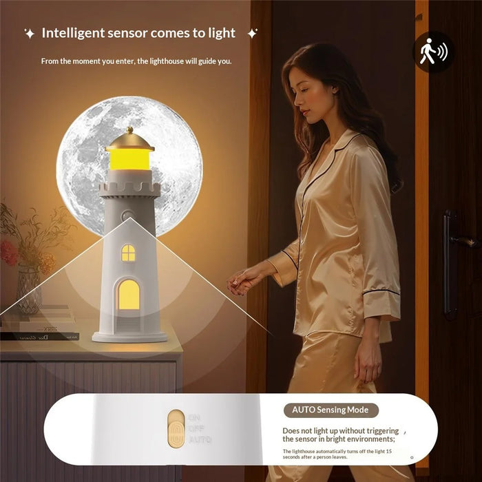 YSJ-016 Smart Motion Sensor Moon Light Lighthouse Shaped Night Light Projector Timer Warm Light for Bedroom - 4