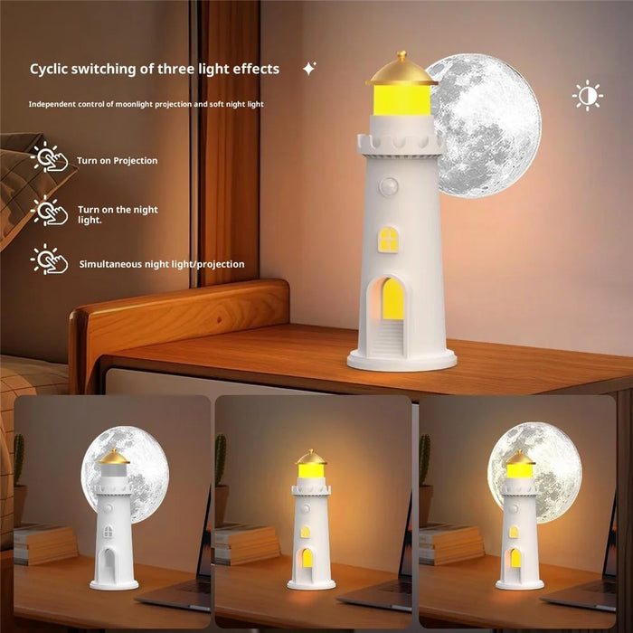 YSJ-016 Smart Motion Sensor Moon Light Lighthouse Shaped Night Light Projector Timer Warm Light for Bedroom - 5