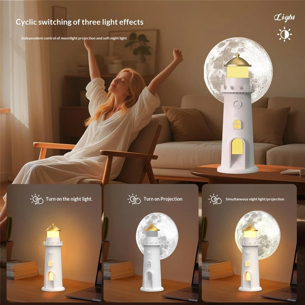 YSJ-016 RGB Color Changing Smart Motion Sensor Moon Light Lighthouse Shaped Night Light Projector Timer Warm Light for Bedroom - 3