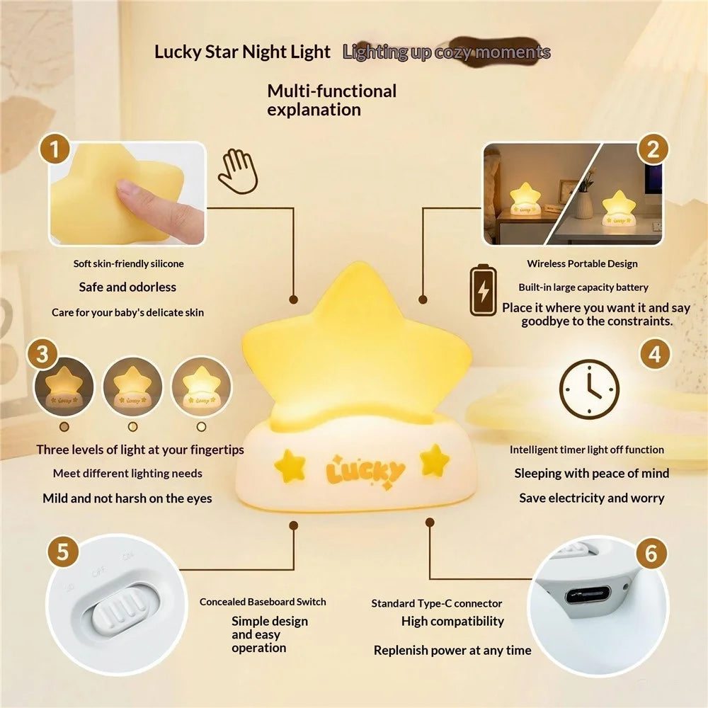 XP-007A Lucky Star Night Light Silicone 3-Brightness Pat Control Night Lamp Creative Birthday Gift for Kids Baby - 3
