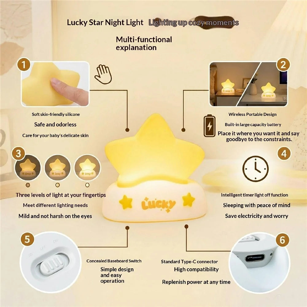 XP-007A Colorful RGB Lucky Star Night Light Silicone 3-Brightness Pat Control Night Lamp Creative Birthday Gift for Kids Baby - 4