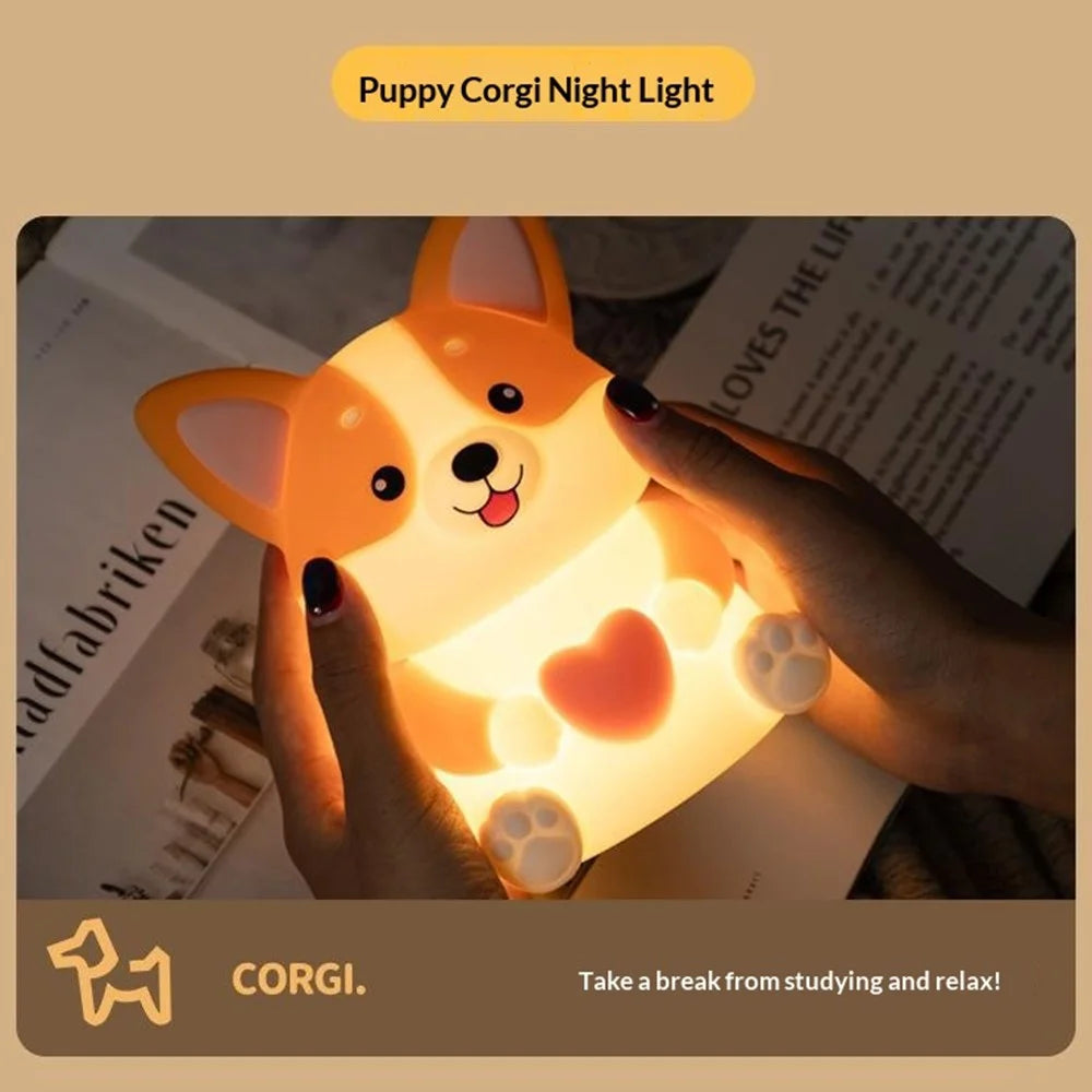 PP-D11 Cute Cartoon Corgi Puppy-Shaped Night Light USB-C Charging 1200mAh Silicone Touch Sensor Bedside Night Pat Lamp - 6