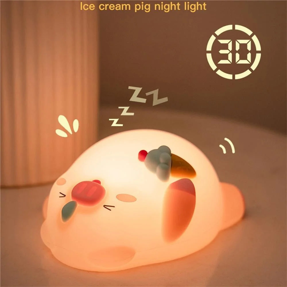 PP-D01 Ice Cream Cartoon Pig Shape Pat Light Cute Bedside Night Light 3-Level Touch 1200mAh Night Lamp - Pink - 4