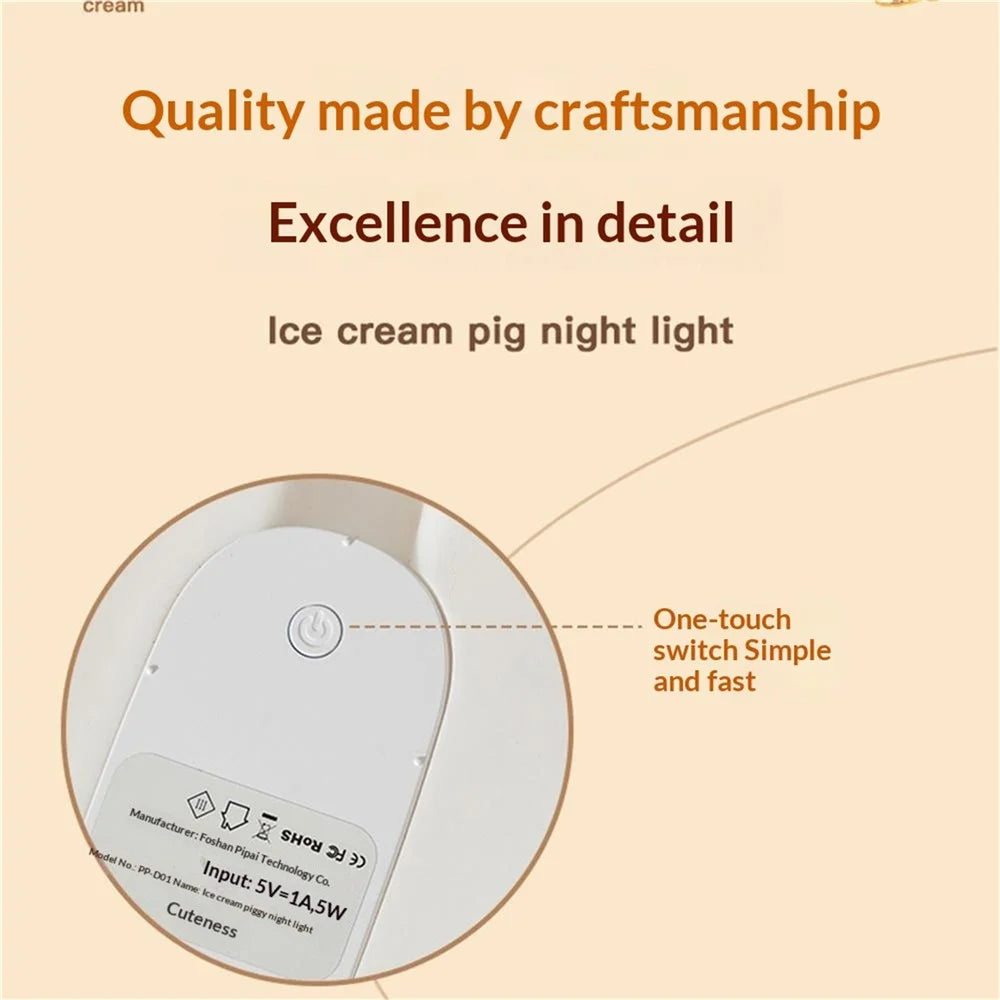PP-D01 Ice Cream Cartoon Pig Shape Pat Light Cute Bedside Night Light 3-Level Touch 1200mAh Night Lamp - Pink - 6