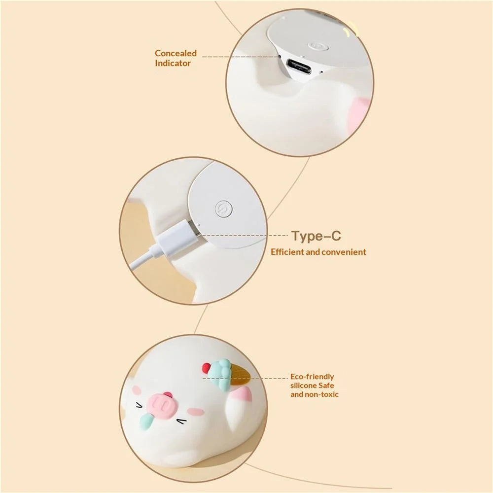 PP-D01 Ice Cream Cartoon Pig Shape Pat Light Cute Bedside Night Light 3-Level Touch 1200mAh Night Lamp - Pink - 7