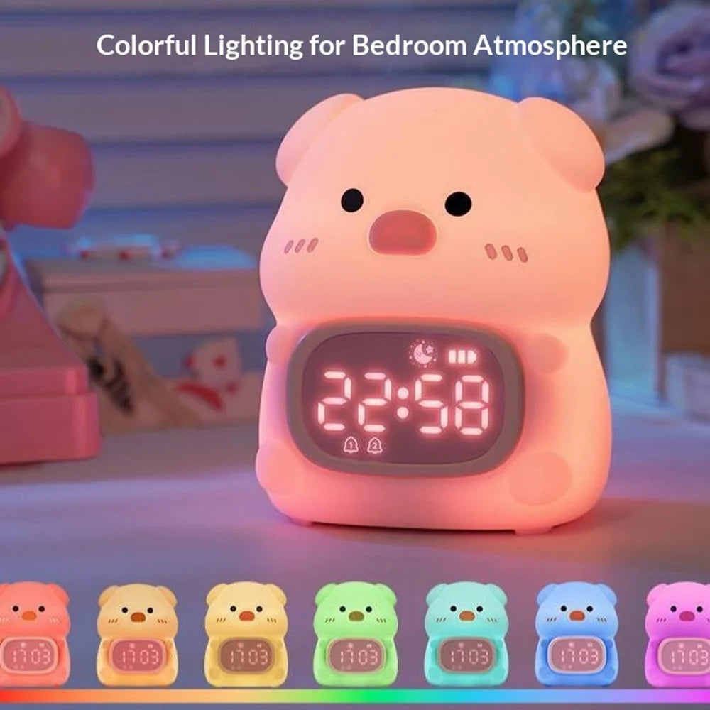 JXJB086 Cute Pig-Shaped Silicone Alarm Clock Night Light RGB Colorful  3-Brightness Levels Night Lamp for Kids Bedroom - 2