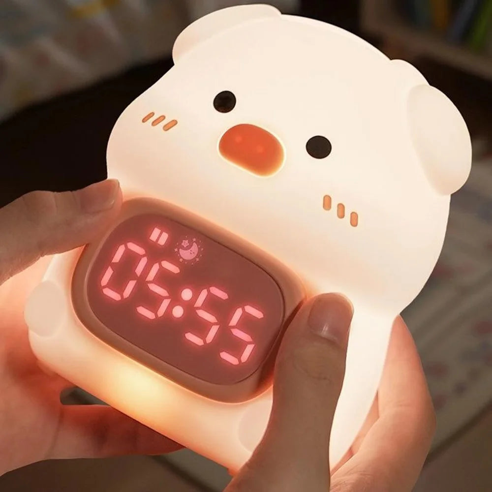 JXJB086 Cute Pig-Shaped Silicone Alarm Clock Night Light RGB Colorful  3-Brightness Levels Night Lamp for Kids Bedroom - 4
