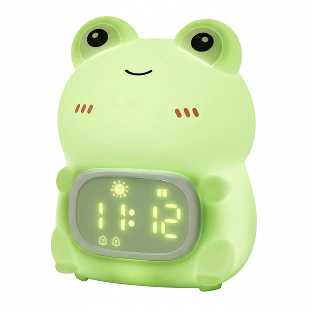 JXJB086 Cartoon Frog Alarm Clock Shaped Silicone Night Light Colorful RGB 2000mAh USB-C Rechargeable 3-Level Brightness Night Lamp for Kids Bedroom - 1