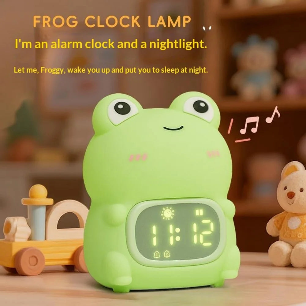JXJB086 Cartoon Frog Alarm Clock Shaped Silicone Night Light Colorful RGB 2000mAh USB-C Rechargeable 3-Level Brightness Night Lamp for Kids Bedroom - 2