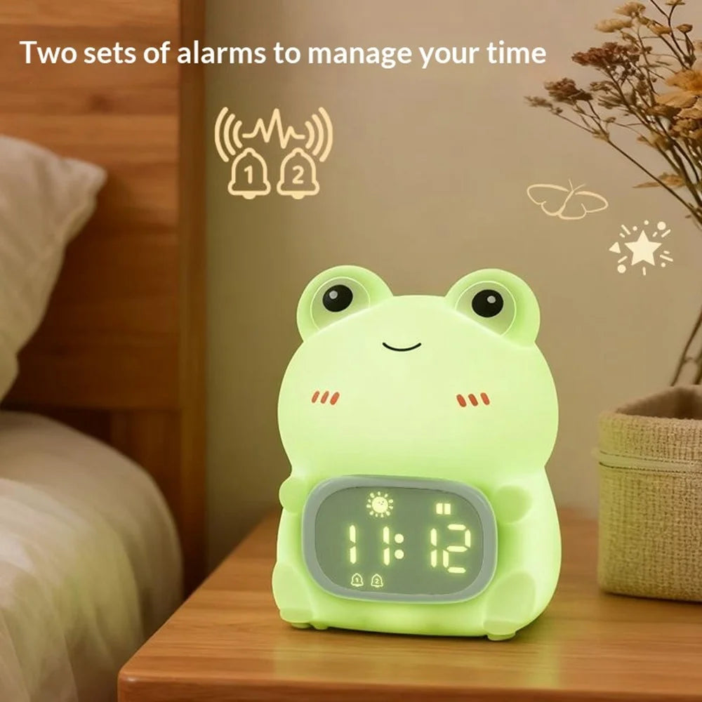 JXJB086 Cartoon Frog Alarm Clock Shaped Silicone Night Light Colorful RGB 2000mAh USB-C Rechargeable 3-Level Brightness Night Lamp for Kids Bedroom - 4