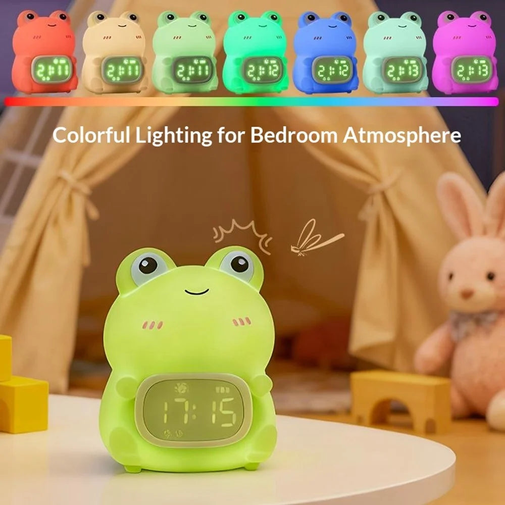 JXJB086 Cartoon Frog Alarm Clock Shaped Silicone Night Light Colorful RGB 2000mAh USB-C Rechargeable 3-Level Brightness Night Lamp for Kids Bedroom - 5