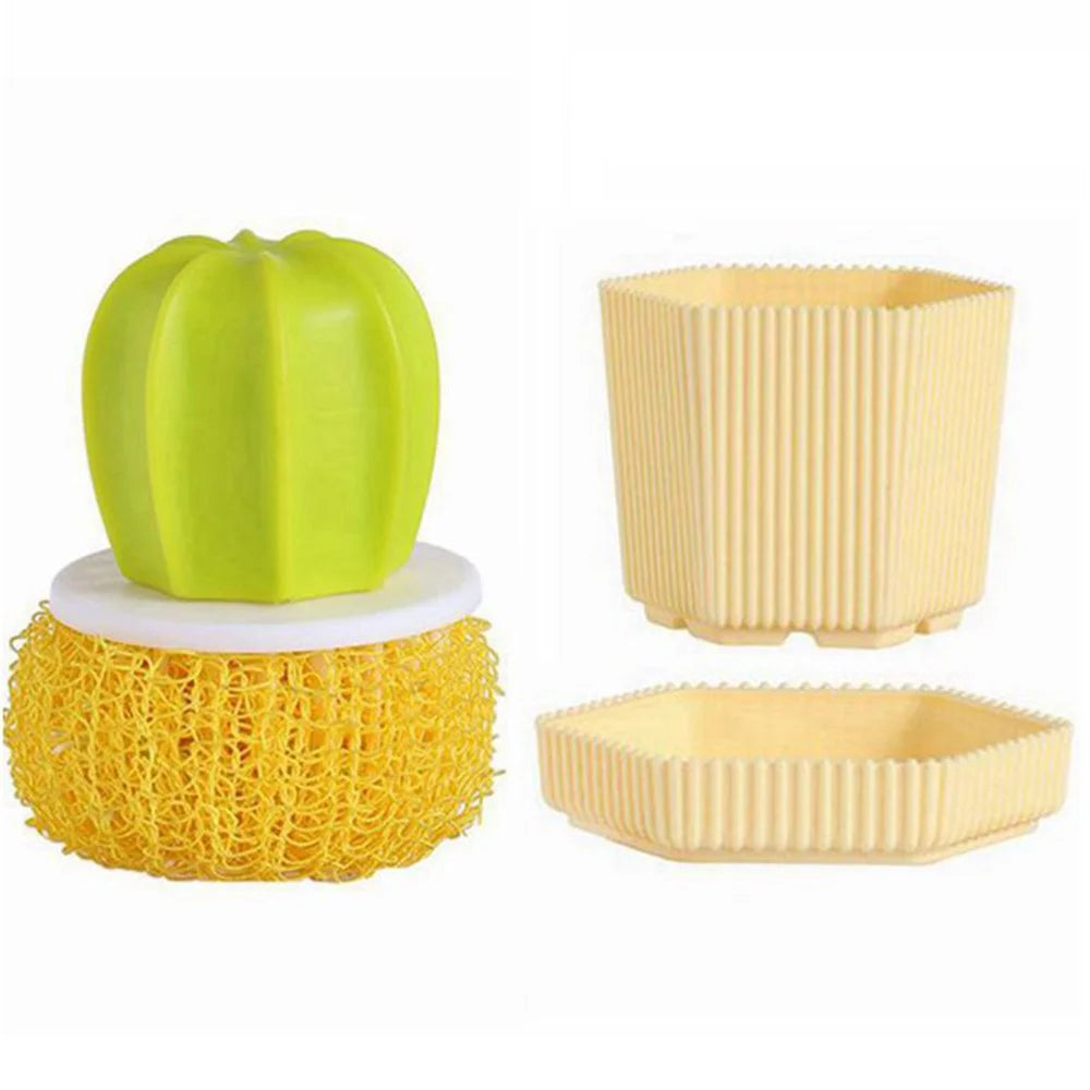 Kitchen Cleaning Brush Set Cactus-Shaped Drainage Holes Nano Scrubber with Storage Holder - Yellow Storage Holder  /  Yellow Brush - 1