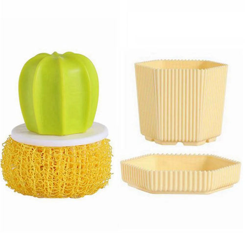 Kitchen Cleaning Brush Set Cactus-Shaped Drainage Holes Nano Scrubber with Storage Holder - Yellow Storage Holder  /  Yellow Brush - 1